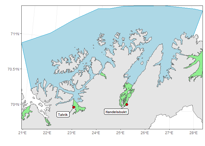 Figur 45. Områder for overvåking i produksjonsområde 12. Røde sirkler angir posisjoner for undersøkelser med ruser og garn, og grønne områder viser nasjonale laksefjorder.