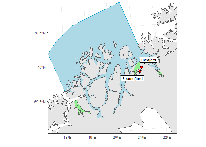 Figur 42. Område for overvåking i PO 11. Røde sirkler angir posisjoner for undersøkelse med ruse og garn. Grønne områder viser nasjonale laksefjorder.