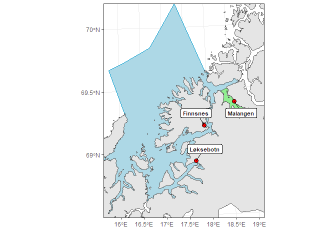 Figur 39. Områder for overvåking i produksjonsområde 10. Røde sirkler angir posisjoner for undersøkelser med ruser og garn. Grønt områder viser nasjonal laksefjord.