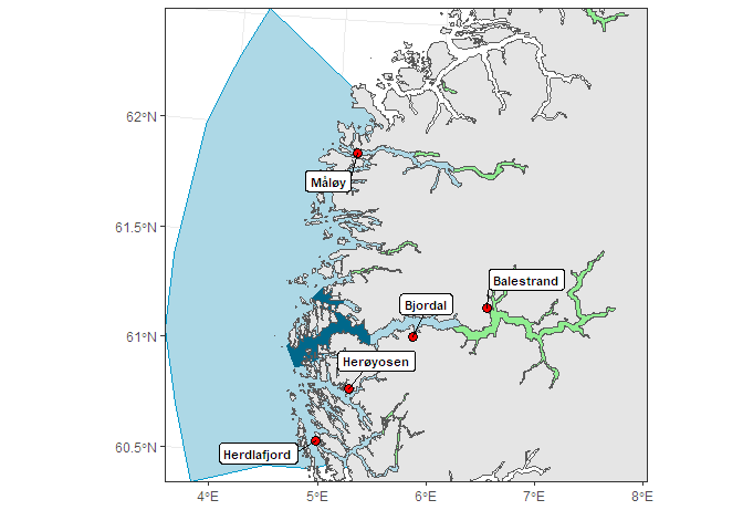 Figur 17. Områder for overvåking i produksjonsområde 4. Røde sirkler angir posisjoner for undersøkelser med ruser og garn. Skravert felt viser omtrentlig område for postsmolttråling, og grønne områder viser nasjonale laksefjorder.
