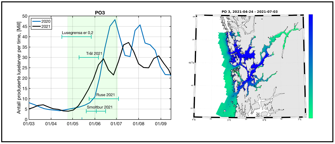 Figur 11. Produksjon av klekte luseegg fra oppdrettsanlegg i produksjonsområde 3 i tidsrommet mars - september i 2020 og 2021. Grønt felt indikerer en periode på 70 døgn hvor en regner med at en stor andel sjøørret benytter det marine habitatet i produksjonsområdet. Figuren illustrerer også tidsrom for lavere lusegrense i oppdrettsanlegg og omtrentlig tidsrom for overvåking i dette produksjonsområdet (ruse, trål og vaktbur 2021, t.v.). Kartet illustrerer modellert fordeling av kopepoditter i produksjonsområdet summert over den samme 70 døgns perioden. Grønn farge i kartet indikerer lav tetthet av kopepoditter og blå farge i kartet indikerer høyere tetthet med kopepoditter t.h. Perioden på 70 døgn er lagt 20 døgn før og 50 døgn etter teoretisk 50 prosent laksesmoltutvandring for produksjonsområdet.   