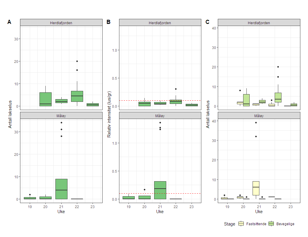 Figur 20. Antall lakselus (A), relativt antall lus (antall lus/gram kroppsvekt) (B) og antall lakselus fordelt på fastsittende og bevegelige stadier (C) fra rusefanget laks på stasjonene Herdlafjorden og Måløy.