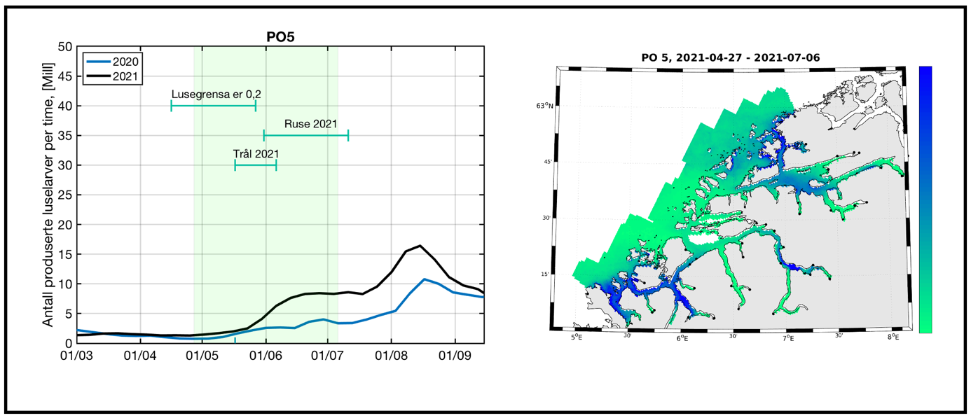 Figur 21. Produksjon av klekte luseegg fra oppdrettsanlegg i produksjonsområde 5 i tidsrommet mars - september i 2020 og 2021. Grønt felt indikerer en periode på 70 døgn hvor en regner med at en stor andel sjøørret benytter det marine habitatet i produksjonsområdet. Figuren illustrerer også tidsrom for lavere lusegrense i oppdrettsanlegg og omtrentlig tidsrom for overvåking i dette produksjonsområdet (ruse og trål 2021, t.v.). Kartet illustrerer modellert fordeling av kopepoditter i produksjonsområdet summert over den samme 70 døgns perioden. Grønn farge i kartet indikerer lav tetthet av kopepoditter og blå farge i kartet indikerer høyere tetthet med kopepoditter t.h. Perioden på 70 døgn er lagt 20 døgn før og 50 døgn etter teoretisk 50 prosent laksesmoltutvandring for produksjonsområdet.