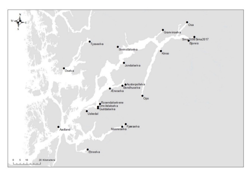 Figur 54. Oversikt over ørretbestandene brukt som baseline til genetisk sporing av sjøfanget ørret i Hardangerfjord.