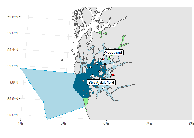 Figur 7. Områder for overvåking i produksjonsområde 2. Røde sirkler angir posisjoner for undersøkelser med ruser og garn, hvite sirkler angir posisjoner for vaktbur og skravert felt viser omtrentlig område for postsmolttråling. Grønne områder indikerer nasjonale laksefjorder.
