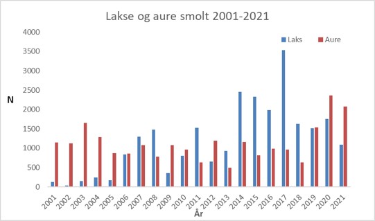 Figur 5. Antal utvandra smolt av laks og aure frå 2001 til 2021. 