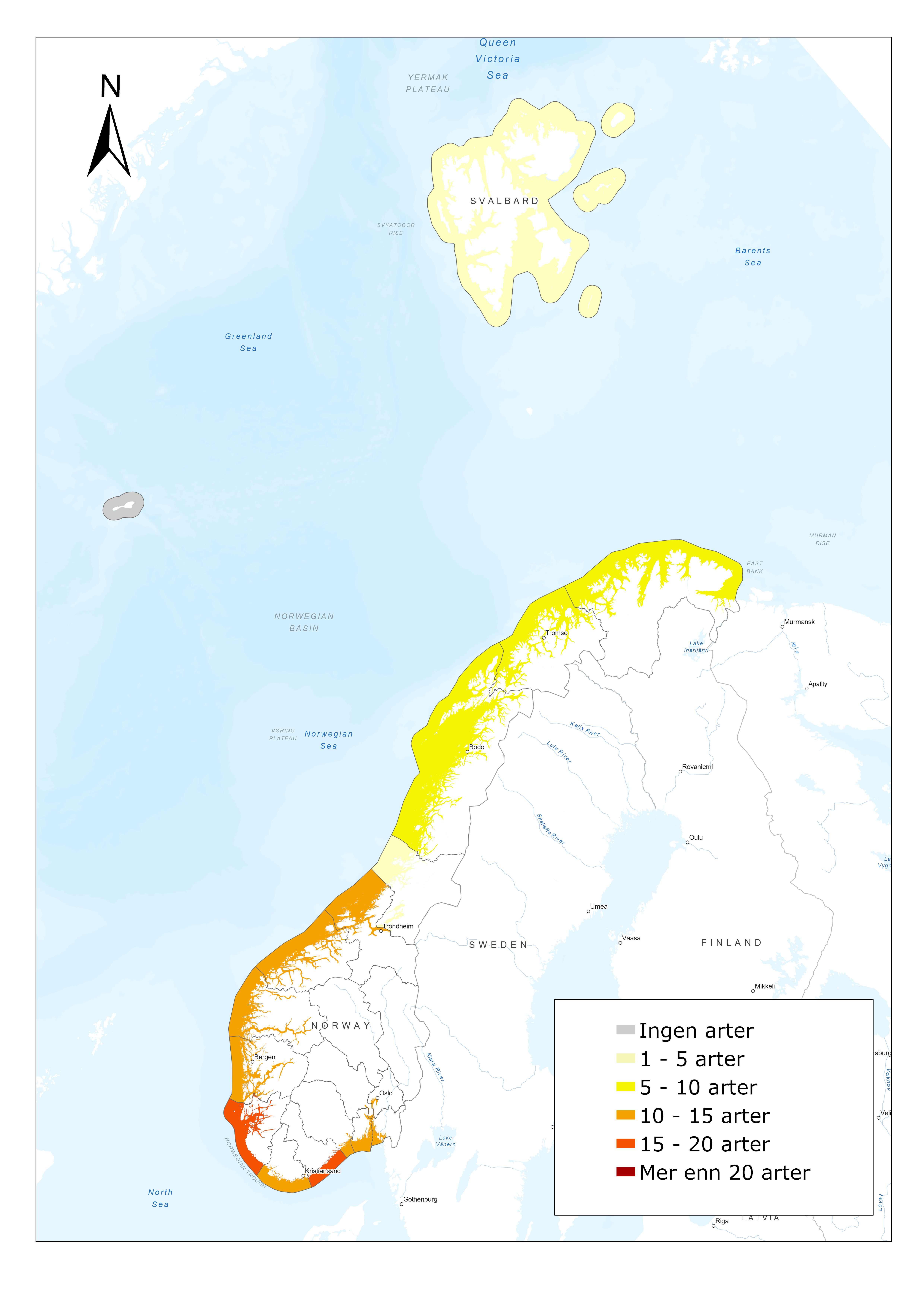 Kart som viser utbredelsen av invasive fremmede arter i Norge 