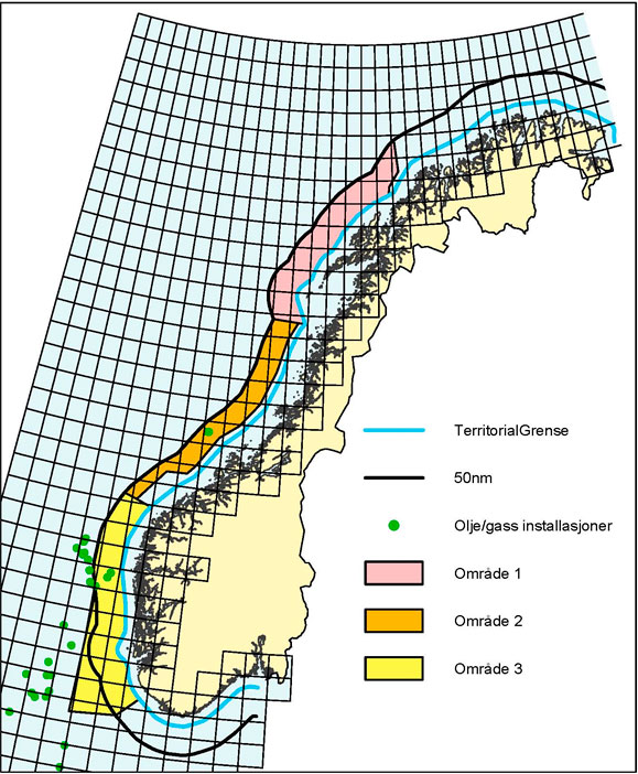 Bildet viser områder for utskiftning av ballastvann 