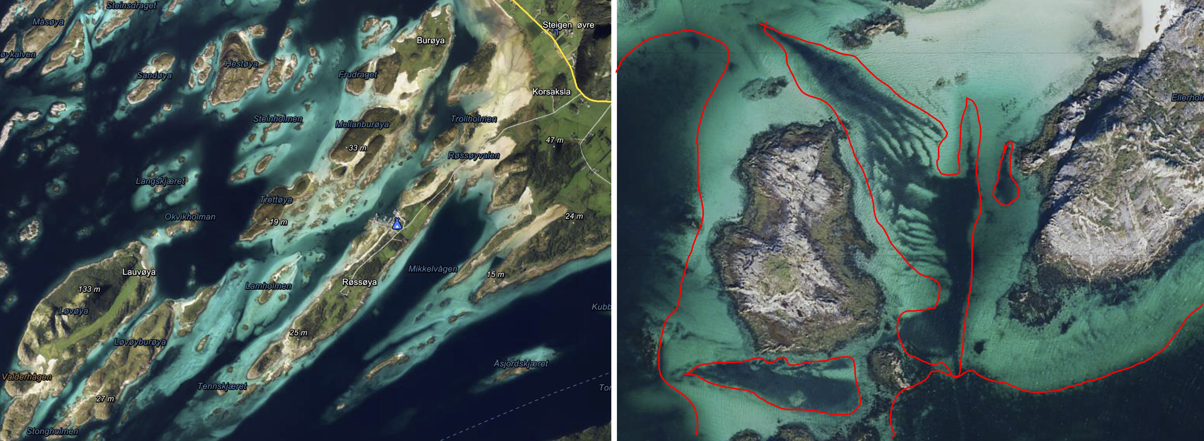 Bildet viser til venstre flyfoto fra område med ruglbunn og korallin sand. Bildet til høyre viser nærbilde av samme område der mulige ruglbunnsområder er avgrenset med rødt
