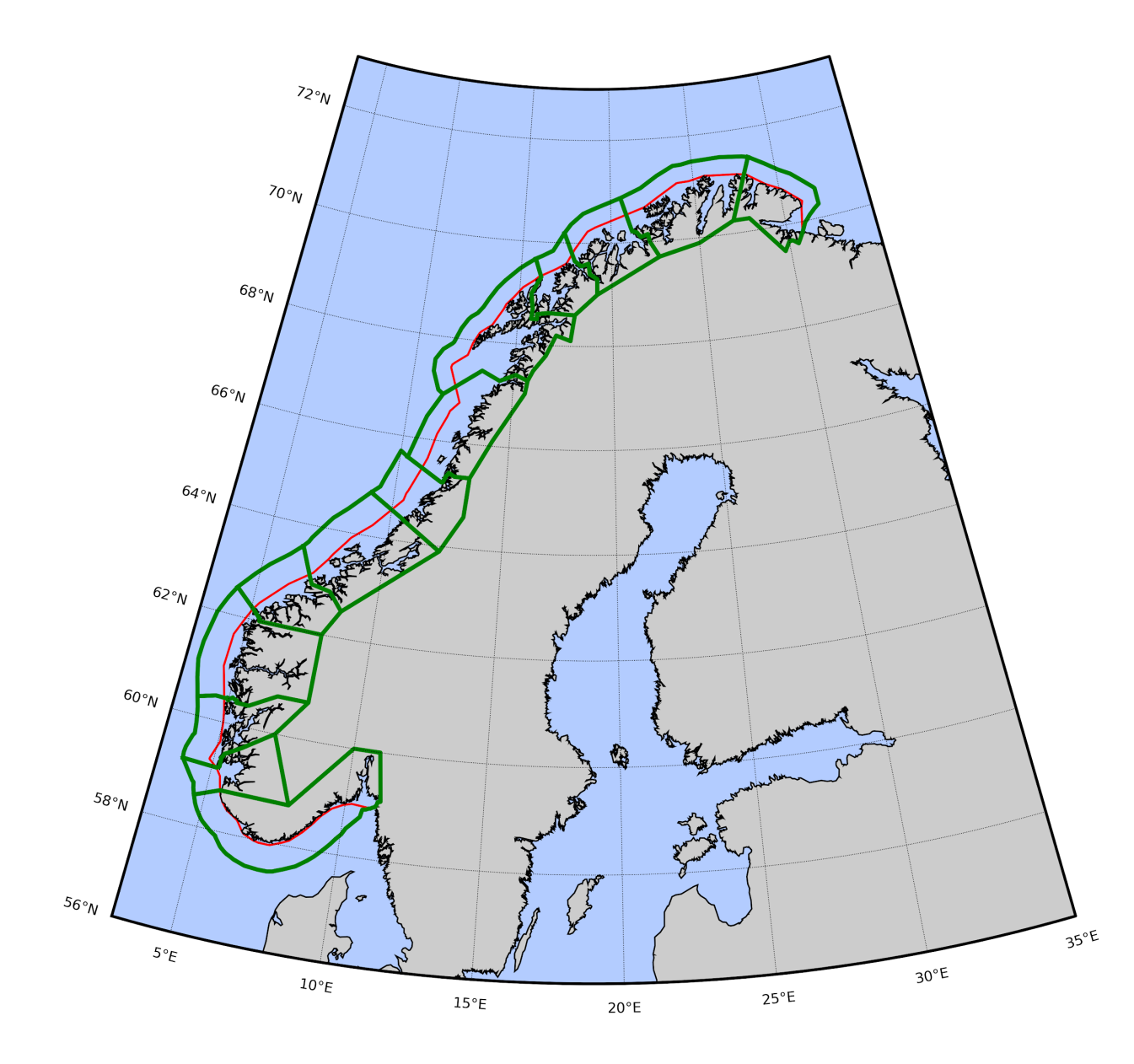 Kartmodell over yttergrenser produksjonsområder langs norskekysten