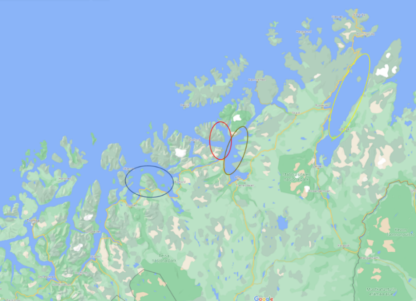 Kart over Finnmark, hvor det er ringet ut de områdene de 4 fiskerne fisket i. To fiskere fisket i Altafjord området, en i Nordreisa og Kvænagen og en i Porsangerfjord området. 