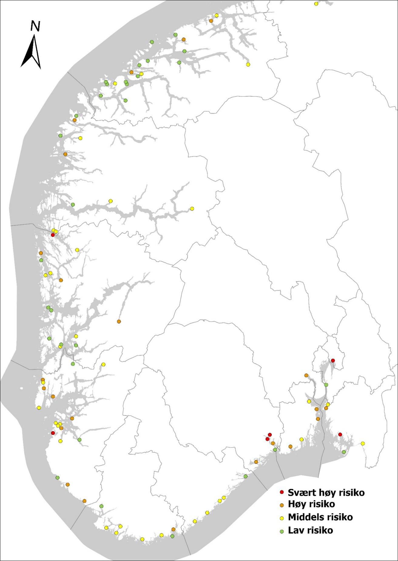 Kart som viser havner med høy og lavere grad av risiko 