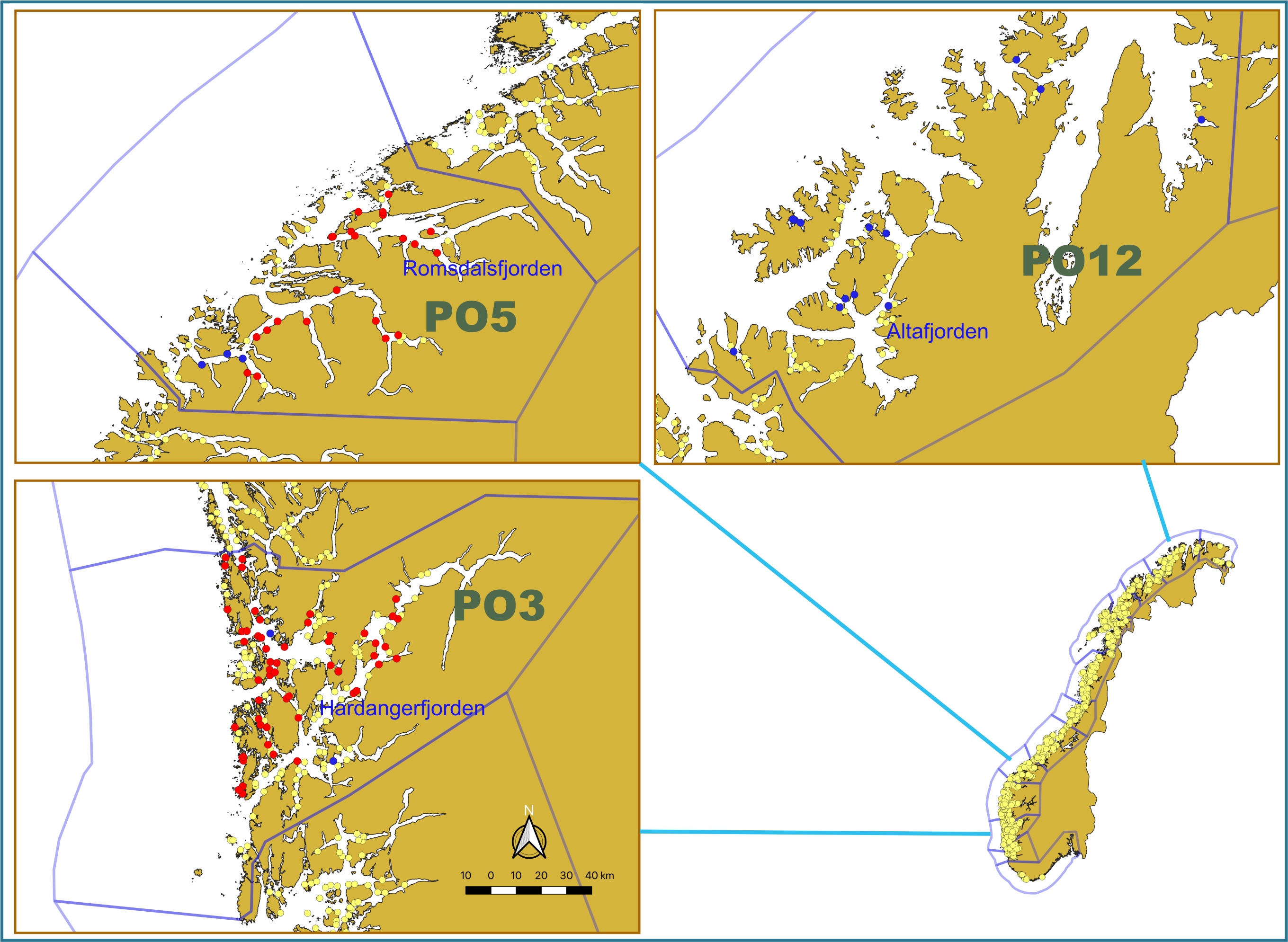 Fig. 1: Map showing postsmolt collection fjords, the fish farms (yellow circle) and farms with PD (red circle) and ISA (blue circle) outbreak during 2020.