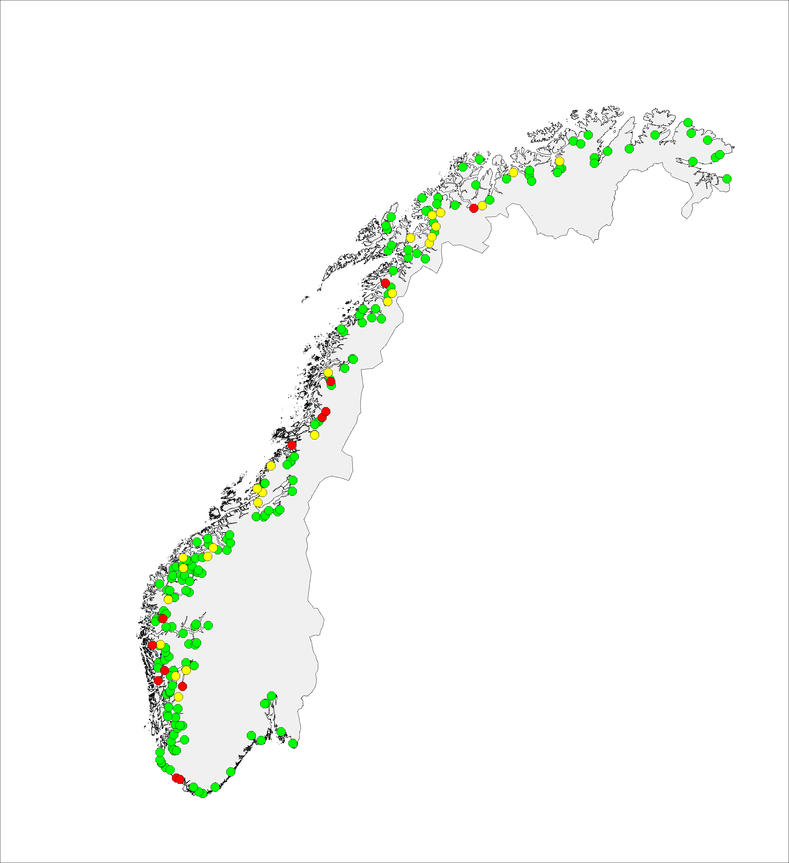 Kart over elver med rømt fisk