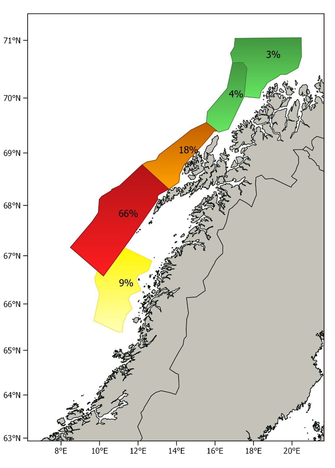 Kart som viser estimert biomasse per stratum i nvg-gytetoktet 2022