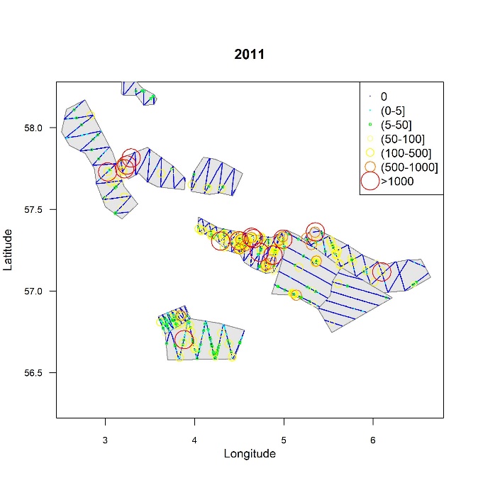 Geografisk utbredelse av ekkotetthet av tobis per 0,1 n.mi. for 2011