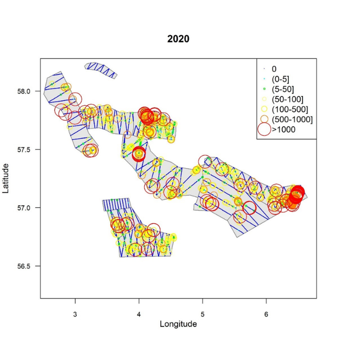 Geografisk utbredelse av ekkotetthet av tobis per 0,1 n.mi. for 2020