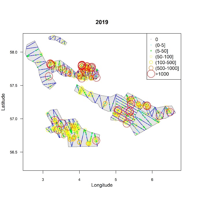 Geografisk utbredelse av ekkotetthet av tobis per 0,1 n.mi. for 2019
