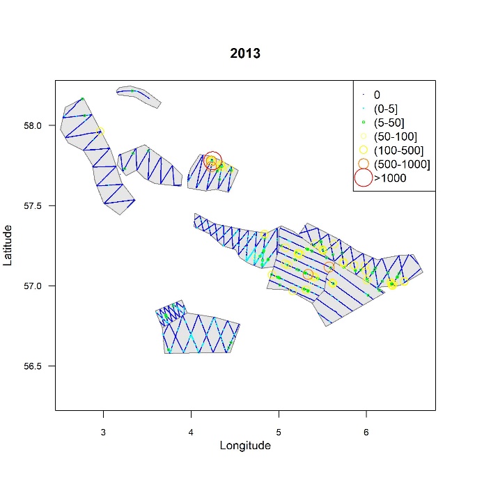 Geografisk utbredelse av ekkotetthet av tobis per 0,1 n.mi. for 2013