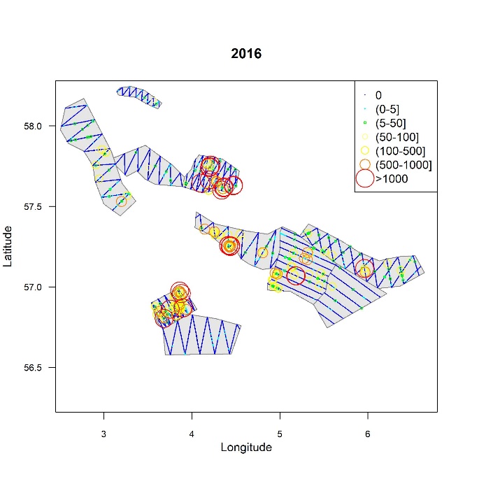 Geografisk utbredelse av ekkotetthet av tobis per 0,1 n.mi. for 2016
