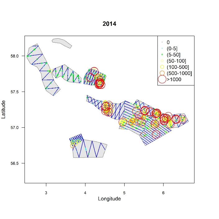 Geografisk utbredelse av ekkotetthet av tobis per 0,1 n.mi. for 2014