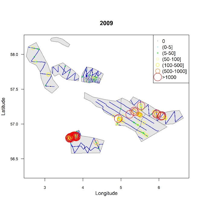 Geografisk utbredelse av ekkotetthet av tobis per 0,1 n.mi. for 2009