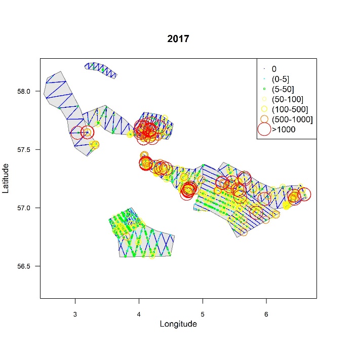 Geografisk utbredelse av ekkotetthet av tobis per 0,1 n.mi. for 2017