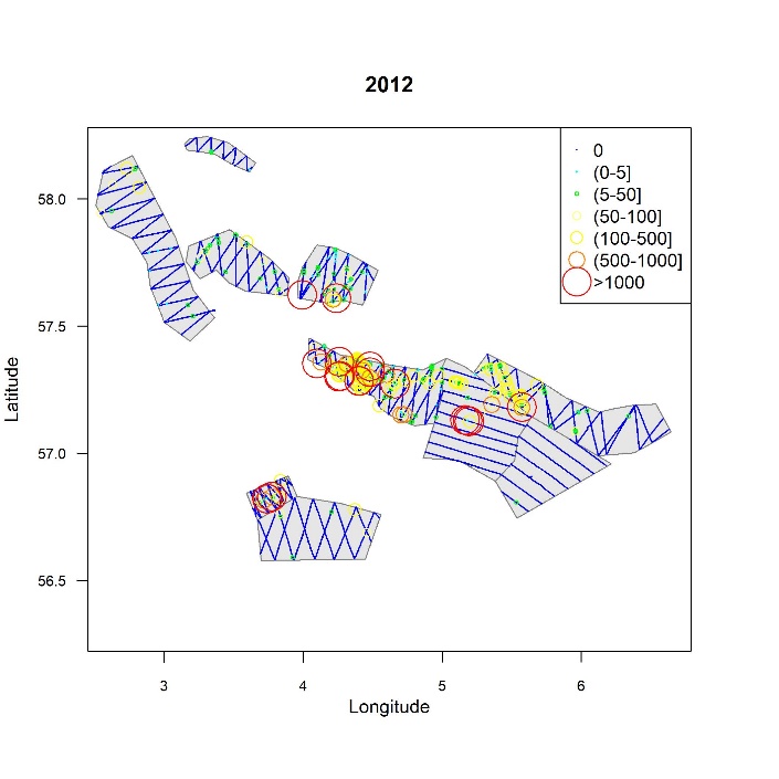 Geografisk utbredelse av ekkotetthet av tobis per 0,1 n.mi. for 2012