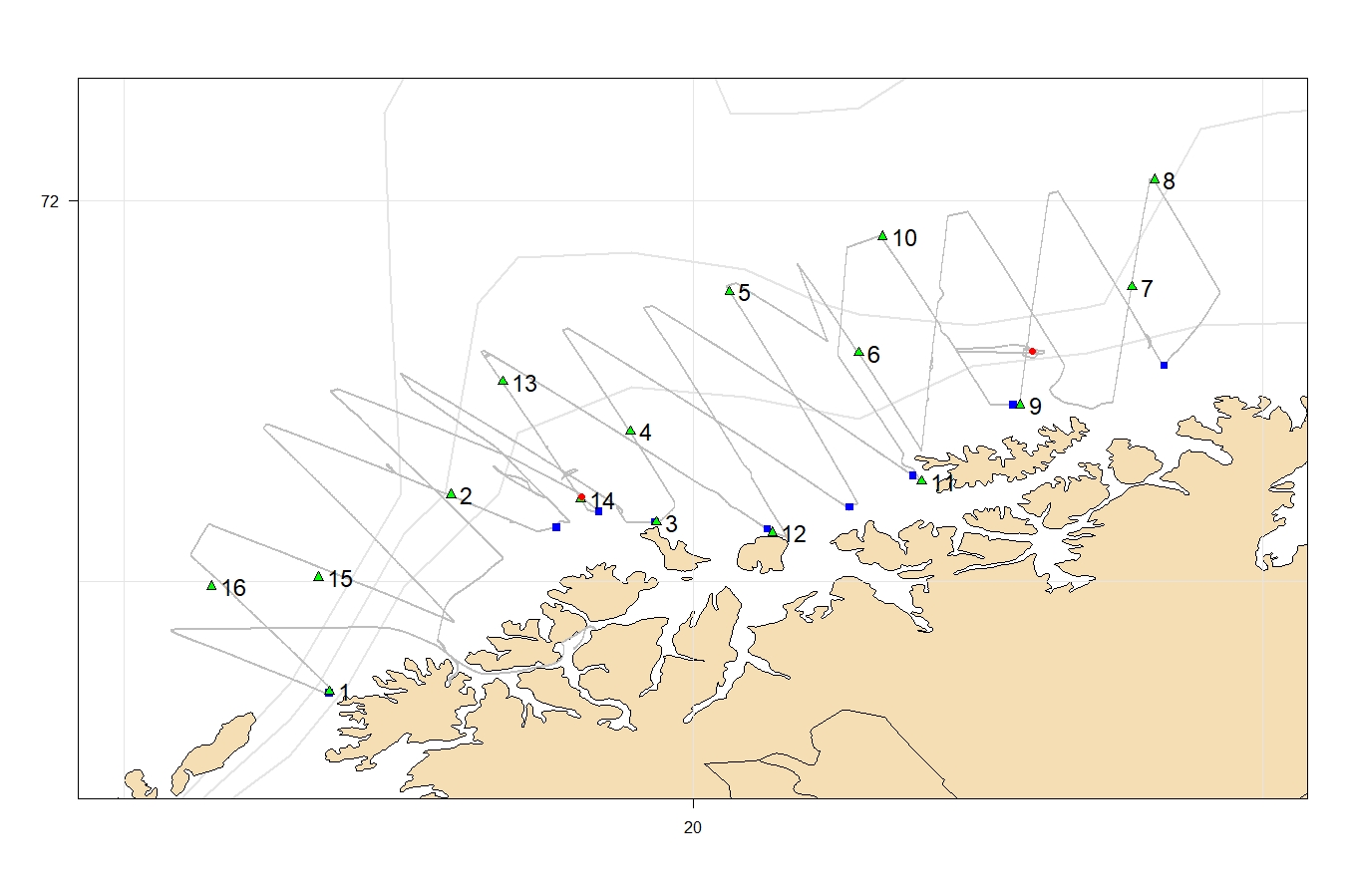 Fig. 2 upper) Overview of cruise track and stations of Eros in the western coverage area The CTD-stations are marked with station numbers which are referred back to in Fig. 10.
