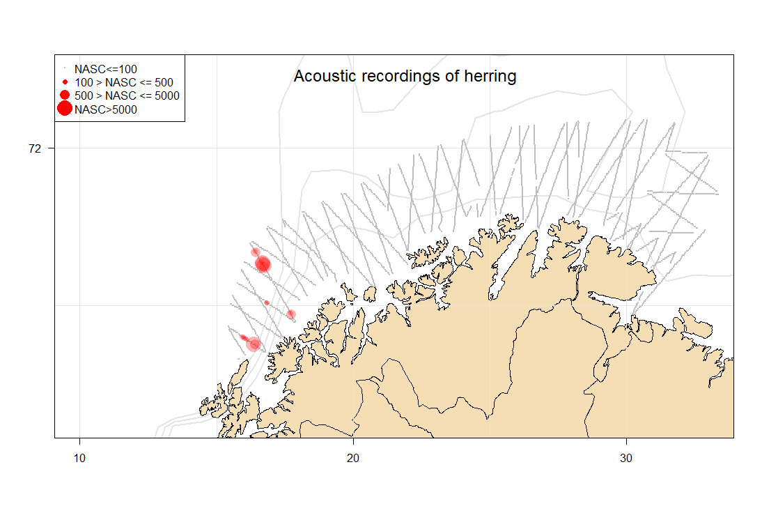 Fig. A2_1. Distribution of NASC (m2nmi-2) allocated to herring. The size of the circle corresponds to NASC-value per 1 nautical mile.  