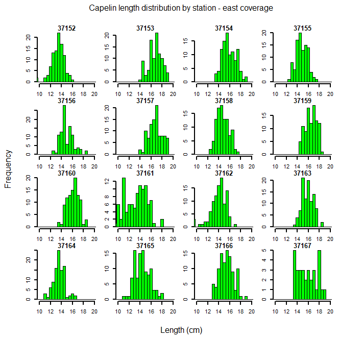 Fig. A1_2a) Capelin length distribution by station for the east coverage; station serial number is given at the top of each panel (see fig. A1_1 for geographical position of the stations).