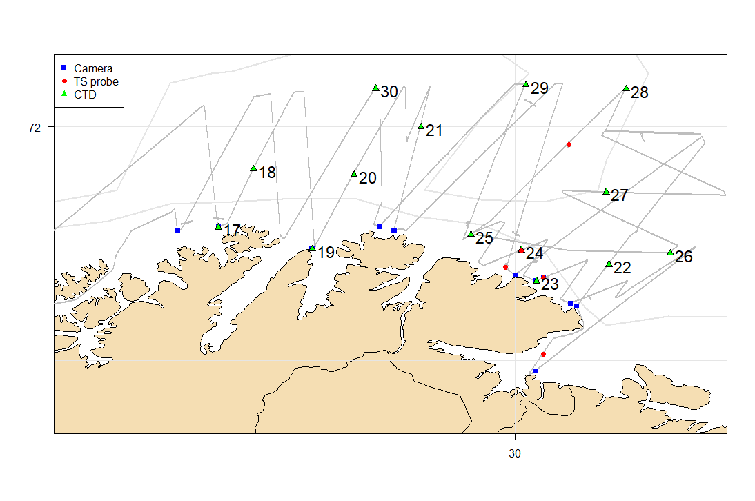 Fig. 2 lower panel) Overview of cruise track and stations of Vendla in the eastern coverage area. The CTD-stations are marked with station numbers which are referred back to in Fig. 10.