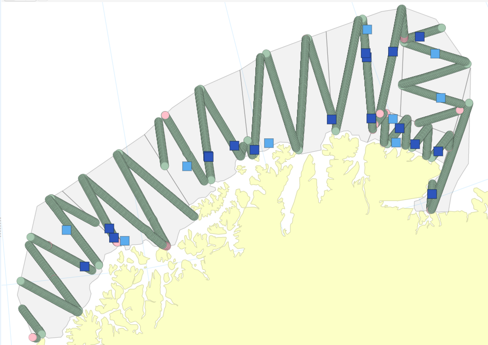 Fig. 3. Overview of transects (green: included in the biomass estimation, pink: not included in the biomass estimation). Blue squares mark trawl stations, with dark blue denoting those stations included in the estimation (only stations from east-west coverage included). The gray shaded areas mark the strata (counting 1-8 from west to east). 