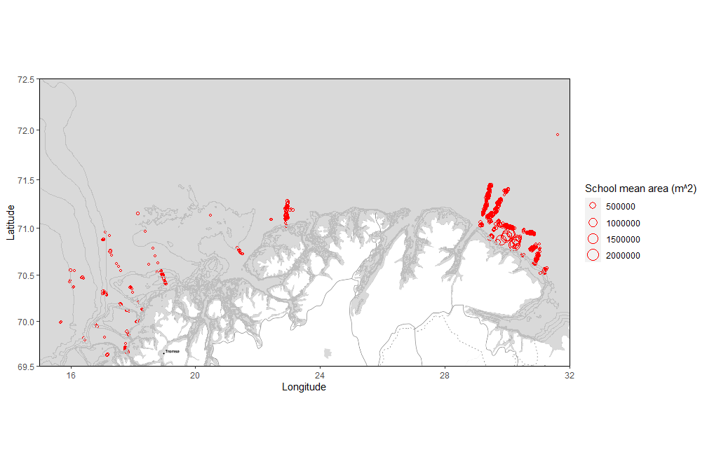 Fig. 6 lower panel) Capelin aggregations (schools and layers) observed with sonar from Eros and Vendla during the east-west coverage (second coverage). Aggregations with mean area above 5 000 m2 are shown.