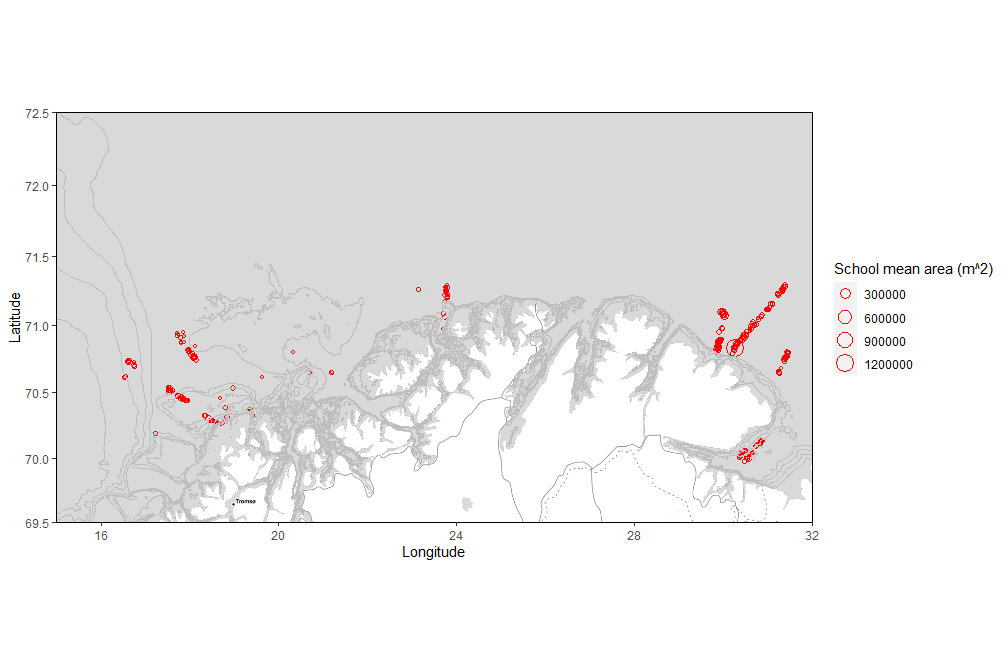 Fig. 6 upper panel) Capelin aggregations (schools and layers) observed with sonar from Eros and Vendla during the west-east coverage. Aggregations with mean area above 5 000 m2 are shown.
