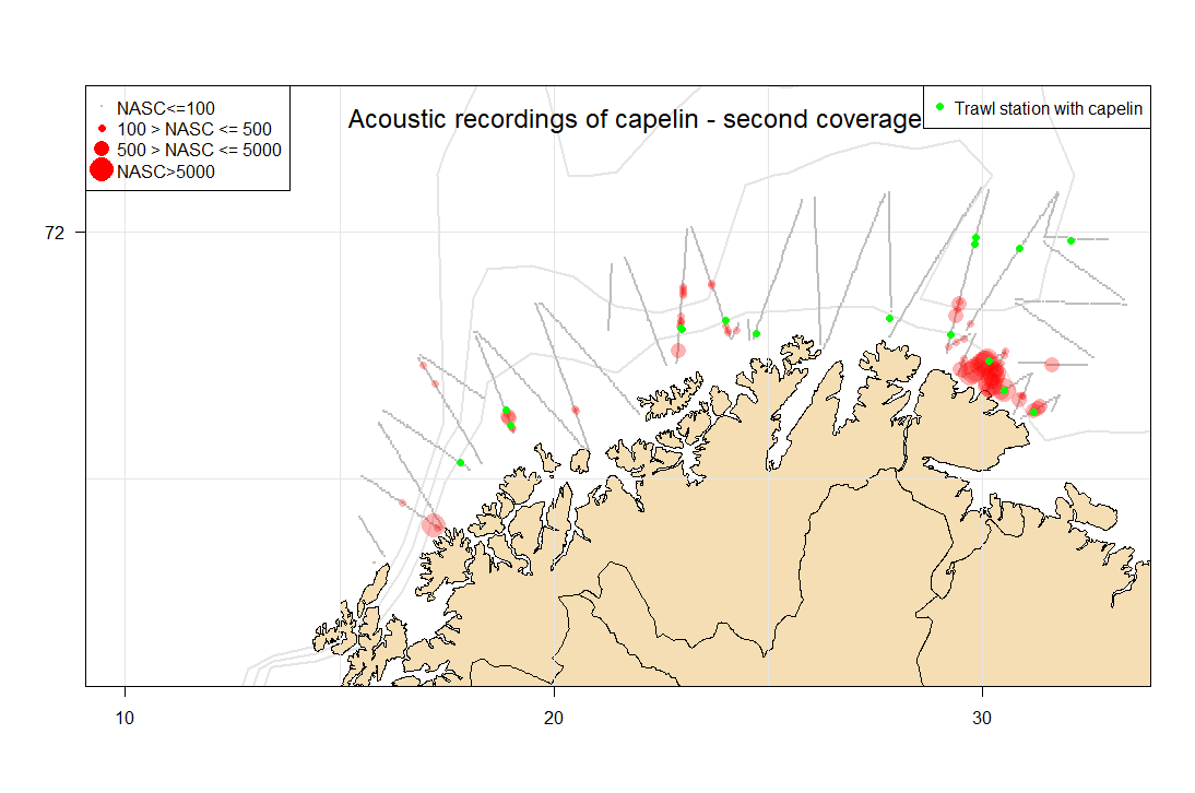 Fig. 5 lower panel) Distribution of NASC (m2nmi-2) allocated to capelin from the westward coverage. The size of the circles corresponds to NASC-value per 1 nautical mile.