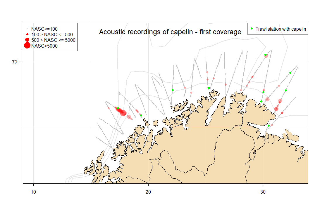 Fig. 5 upper panel) Distribution of NASC (m2nmi-2) allocated to capelin from the westward coverage. The size of the circles corresponds to NASC-value per 1 nautical mile.