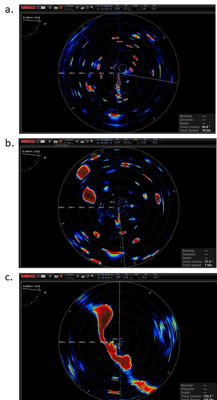 Fig. 7. Examples of capelin distributions observed with the sonar. Small to medium sized schools (a), medium to large sized schools (b) and large layers (c). The sonar range in panel a and b is 1500 m and in panel c 3000 m.