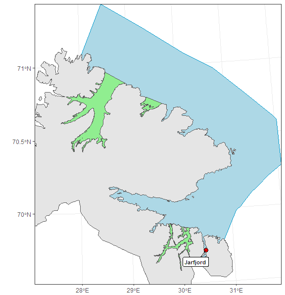 Figuren viser posisjonene for rusefangst i produksjonsområdet i ett Norgeskart.