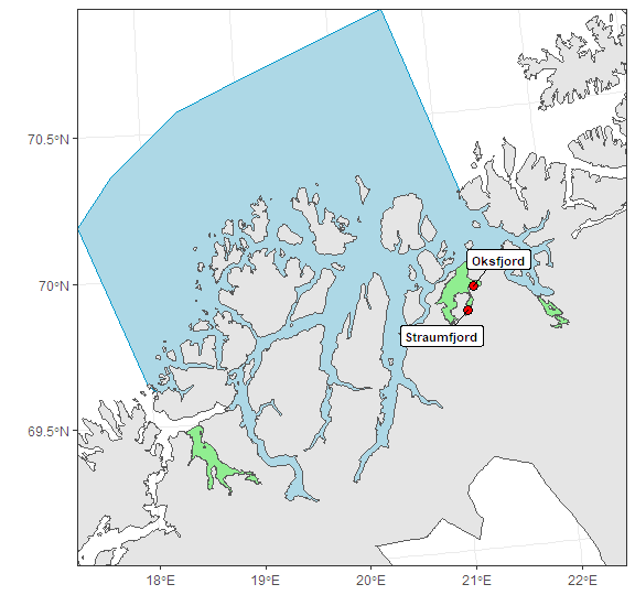 Figuren viser posisjonene for rusefangst i produksjonsområdet i ett Norgeskart.