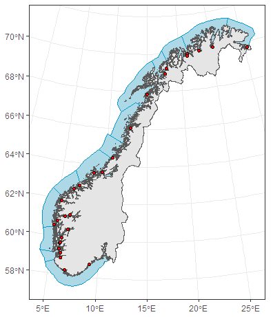 Figuren viser hvor det er gjennomført rusefangst i ett Norgeskart