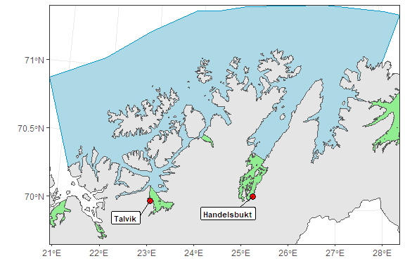 Figuren viser posisjonene for rusefangst i produksjonsområdet i ett Norgeskart.