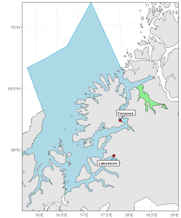 Figuren viser posisjonene for rusefangst i produksjonsområdet i ett Norgeskart.