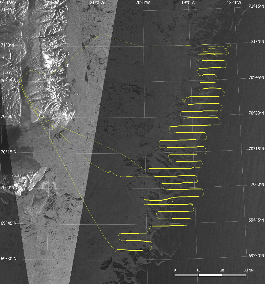 Fig. 11. Track lines from two aerial photographic survey transects, covering the entire area and conducted on 27 March in the West Ice. Spacing between transects were generally 3 nm. Bold lines represent transect segments actually covered by aerial photography.