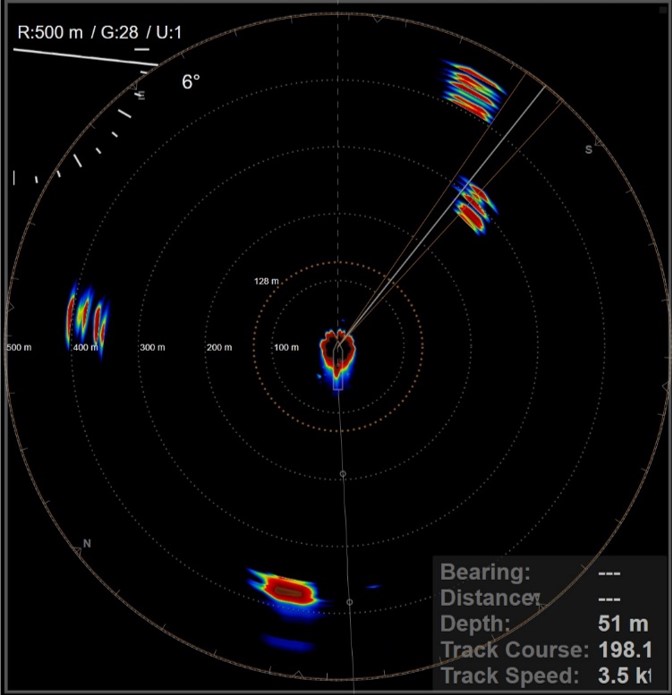 Figure 2. Image of the medium frequency sonar showing 3 BFT aggregations; port side at 350 m, starboard bow at 300 and 450 m.