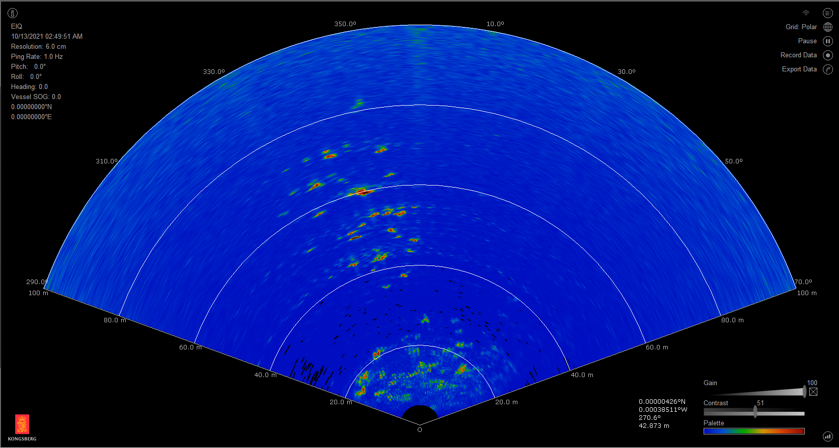Figure 16. Image of M3 multibeam sonar (mounted pointing starboard) showing individual bluefin tuna (as orange/yellow dots) at ranges between 40 to 80 m from the vessel.
