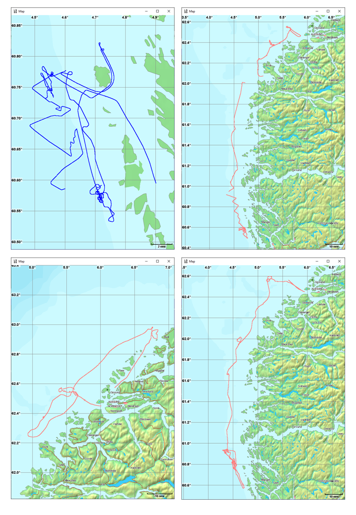 Figure 1. Survey track from M. Ytterstad during 05 to 06 (top left), 07 to 08 (top right), 09 to 10 (bottom left) and 11 to 13 (bottom right) October 2021.
