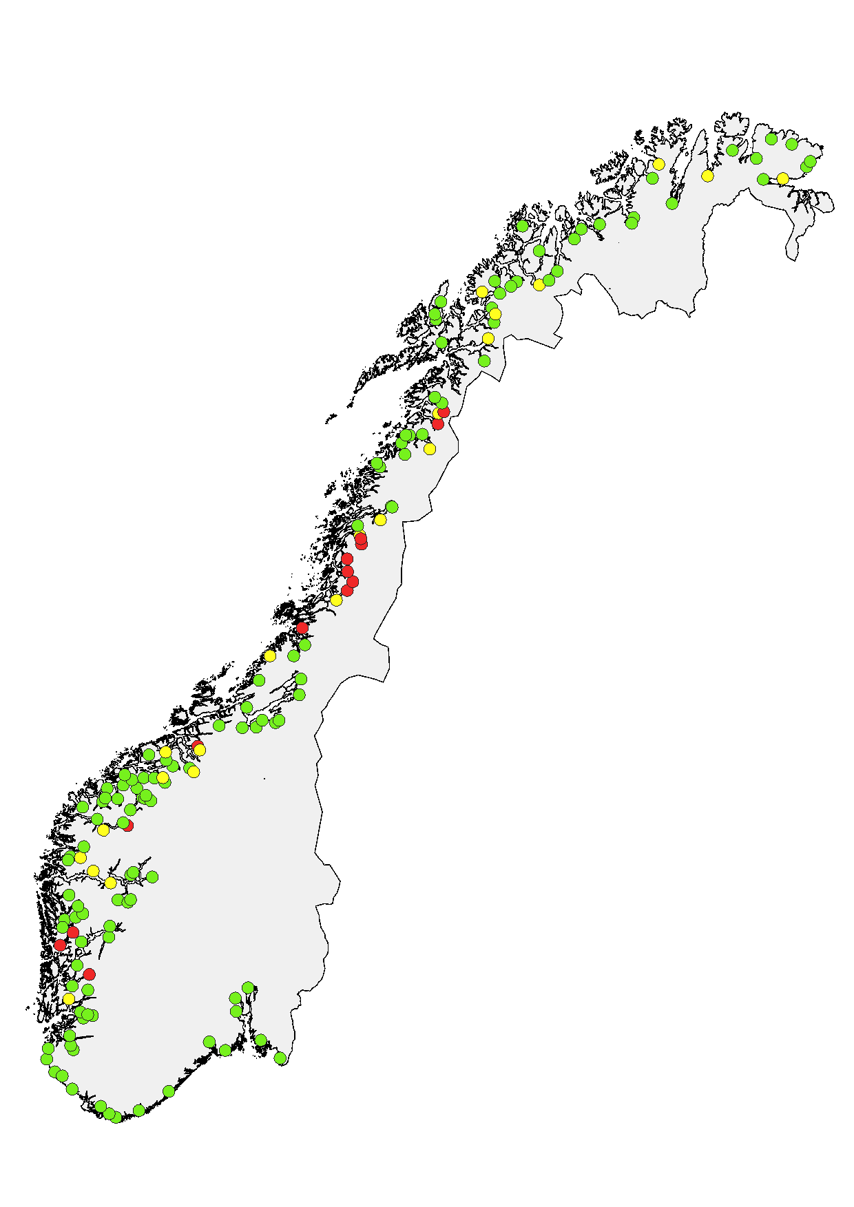 Norgeskart med punkter for undersøkte elver. Grønne punkter er lavt innslag, gule middels og røde punkter er elver med høyt innslag av rømt oppdrettslaks