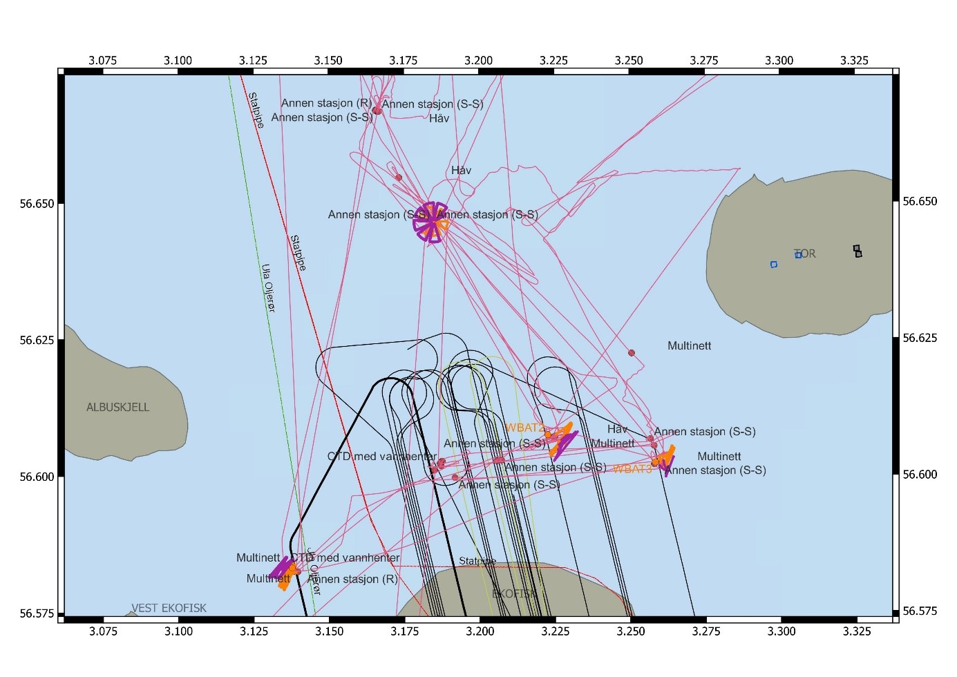Figure shows the GPS tracks of the RV Kristine Bonnevie, the otter and the kayak during the field work at Ekofisk. The tracks are shown as lines on a map of northern Ekofisk. 