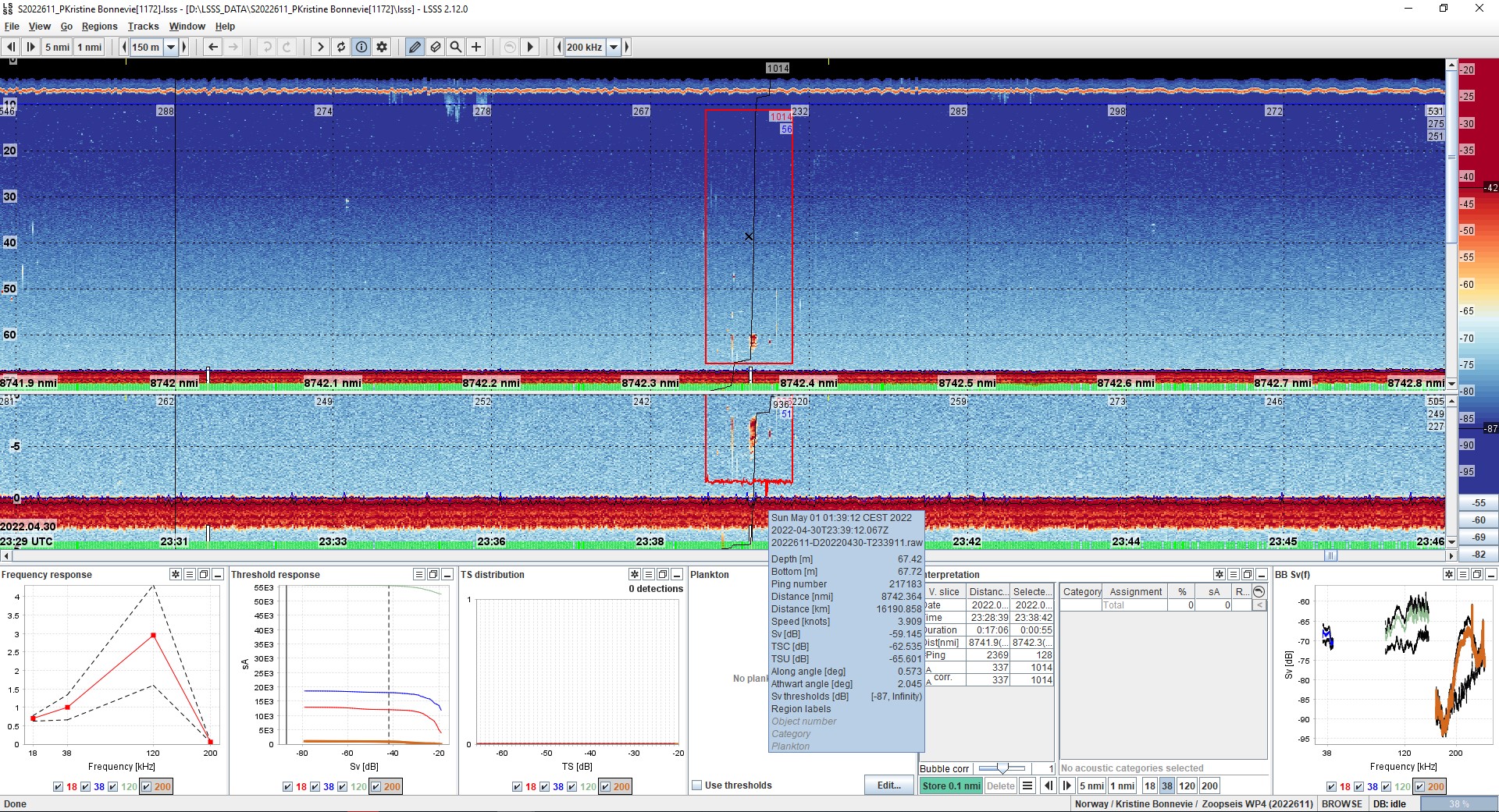 Acoustic picture of WBAT 1 showing its position on the bottom – where both the floaters / buoys and the signalling from the transducers is visualised. 